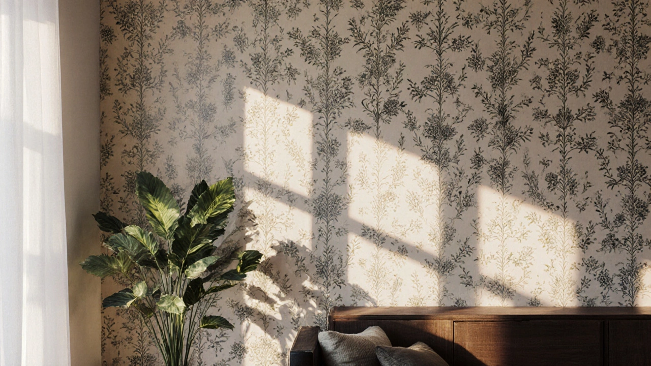 ผนังห้องนั่งเล่นเด่นด้วยลายดอกไม้สไตล์ยุโรปบนพื้นสีอ่อน ร่วมกับเฟอร์นิเจอร์ไม้เข้ม