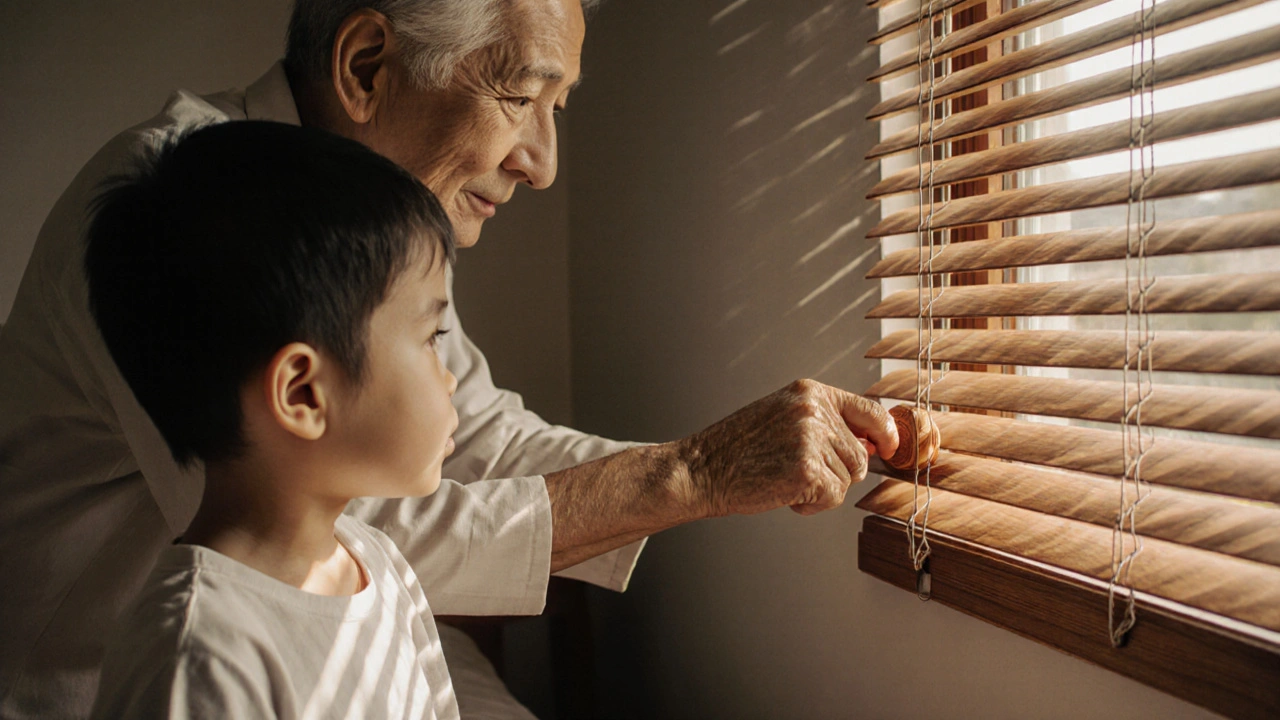 ผู้สูงอายุปรับมู่ลี่ไม้ซีดาร์ขณะเด็กดูแสงแดดส่องผ่านบานเกล็ดในห้องนอน