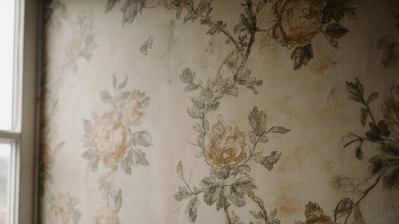 รายละเอียดใกล้ของวอลเปเปอร์วินเทจที่แสดงรอยหมึกซึมและลวดลายไม่สม่ำเสมอ