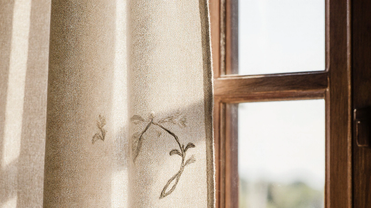 รายละเอียดผ้าม่านทอแบบไทยพร้อมลวดลายละเอียดภายใต้แสงธรรมชาติ