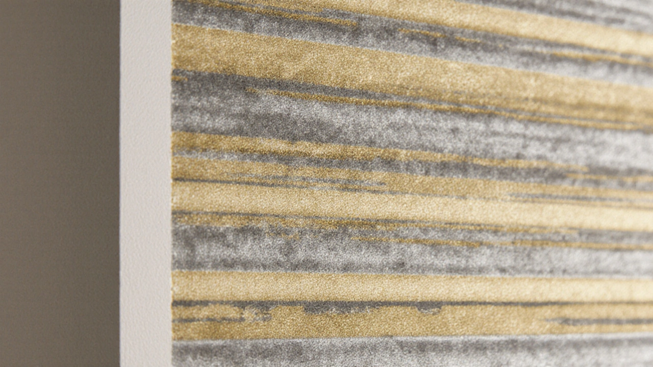 รายละเอียดผิววอลเปเปอร์ผ้าไหมเทียมสีทองอ่อนและเทาหม่นมีลายเส้นละเอียดเปลี่ยนตามแสง