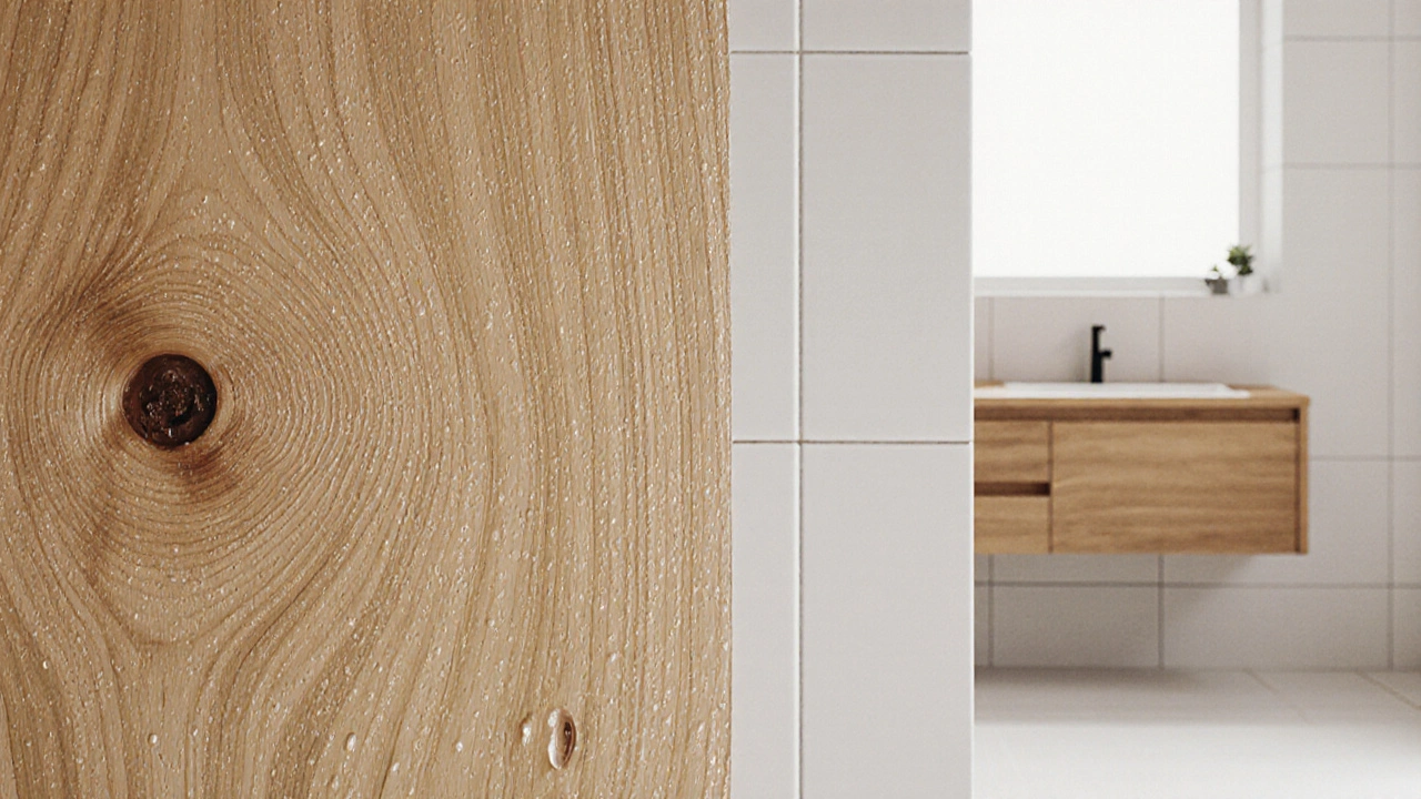 รายละเอียดวอลเปเปอร์ลายไม้กันชื้นในห้องน้ำ ผิวสัมผัสนูนเบา มีหยดน้ำบนพื้นผิว