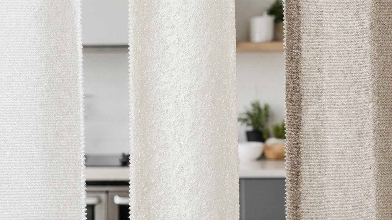 ตัวอย่างผ้าสามชนิดสำหรับม่านห้องครัว: ผ้ากันน้ำที่หยดน้ำไม่ซึม เทียบกับผ้าฝ้ายที่ดูดซับน้ำ