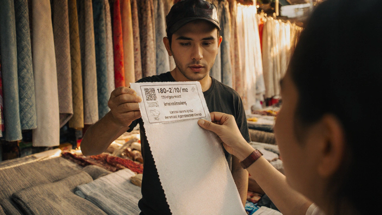 ตลาดจตุจักร มีผู้ซื้อตรวจสอบตัวอย่างผ้าม่านราคาถูกที่มีการเคลือบกันแสง