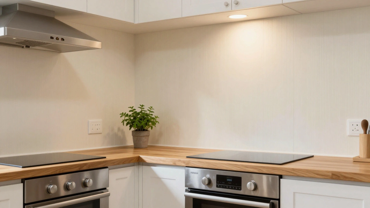 ห้องครัวไทยทันสมัยผนังสีครีมอ่อนกันน้ำ พร้อมอุปกรณ์สแตนเลส