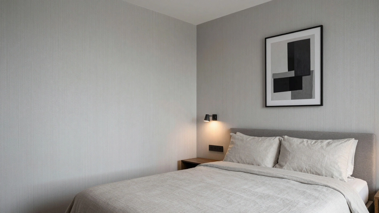 ห้องนอนขนาดเล็กในคอนโด กรุงเทพฯ ผนังสีเทาอ่อน แสงไฟอุ่นๆ ให้ความรู้สึกสงบและโปร่ง