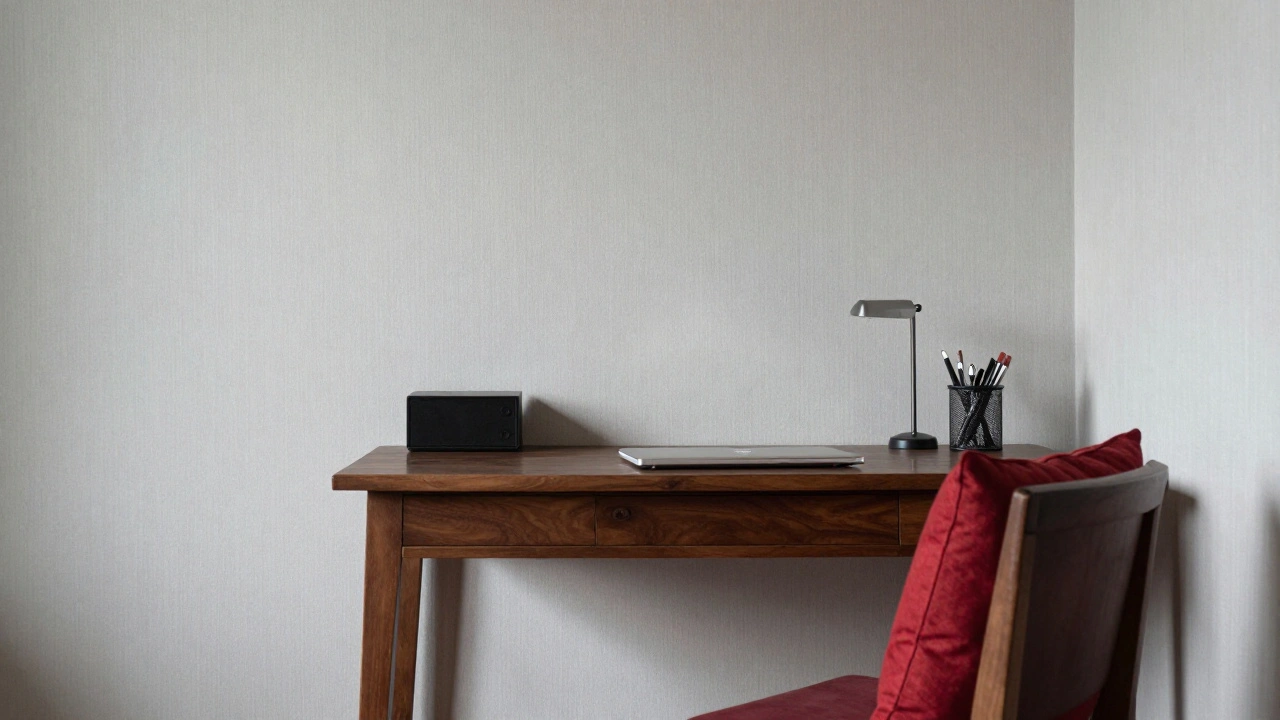 ห้องทำงานในกรุงเทพผนังเทาอ่อนกับโต๊ะไม้เข้มและหมอนสีแดง