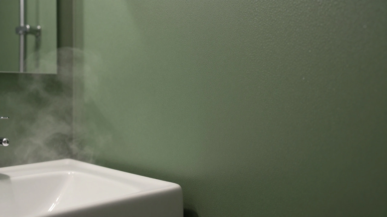 ผนังห้องน้ำติดวอลเปเปอร์สีเขียวมะกอกอ่อน ผิวเรียบกันน้ำ พร้อมอ่างล้างหน้าและไอน้ำลอยอ่อนๆ